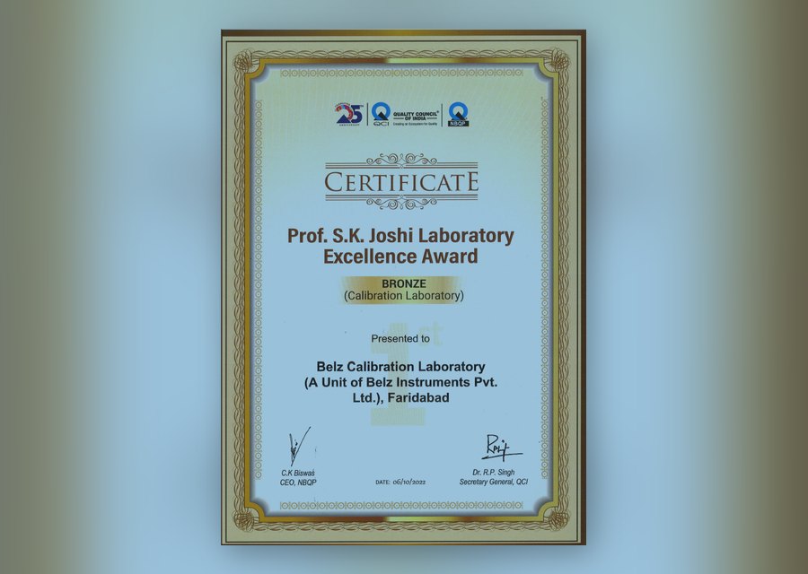 Prof. S.K. Joshi Laboratory Excellence Award certificate presented to Belz Calibration Laboratory