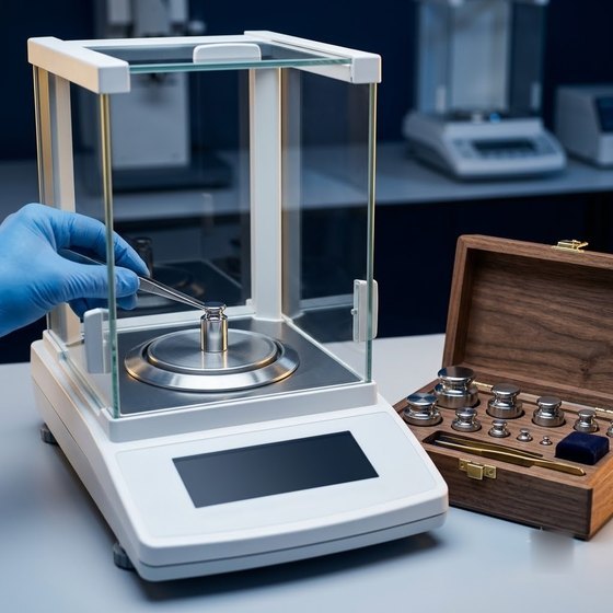 Analytical balance with a calibration weight being placed by tweezers