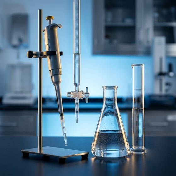 Micropipette, burette and volumetric glassware on a laboratory bench