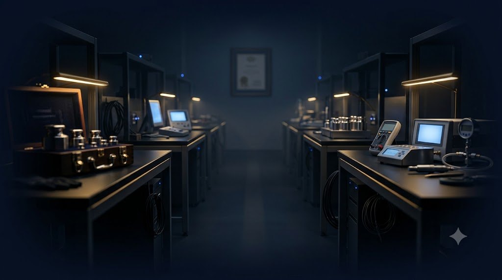 The calibration laboratory at night, benches of instruments under warm task lights