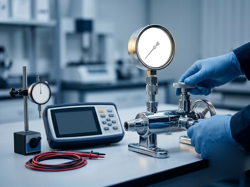 Calibration bench with a pressure gauge on a comparator pump and a digital multimeter