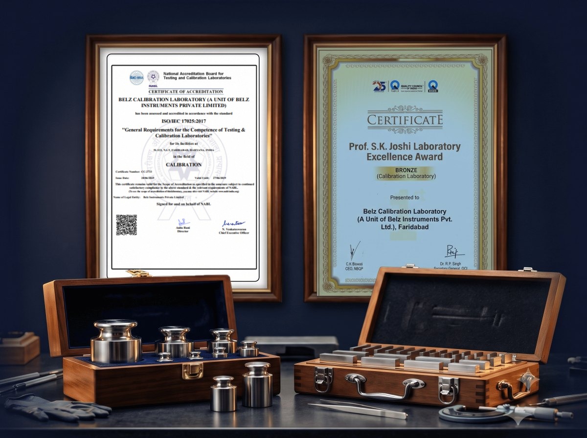 Reference weight set and gauge block set on a calibration bench, with a framed accreditation certificate on the wall behind