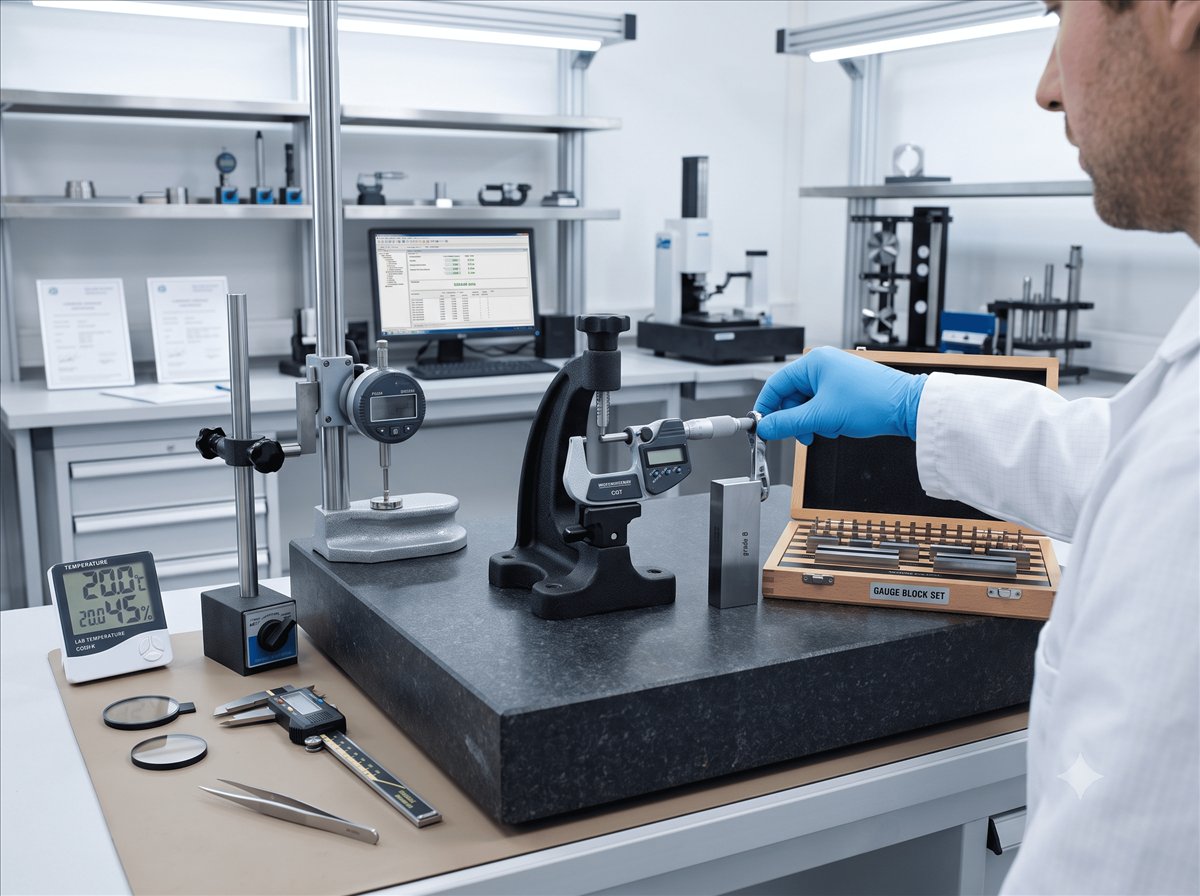 Vernier caliper, micrometer and gauge blocks on a granite surface plate