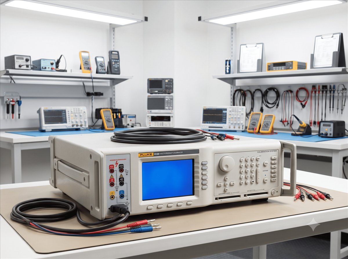 Precision electrical calibrator connected by test leads to a digital instrument
