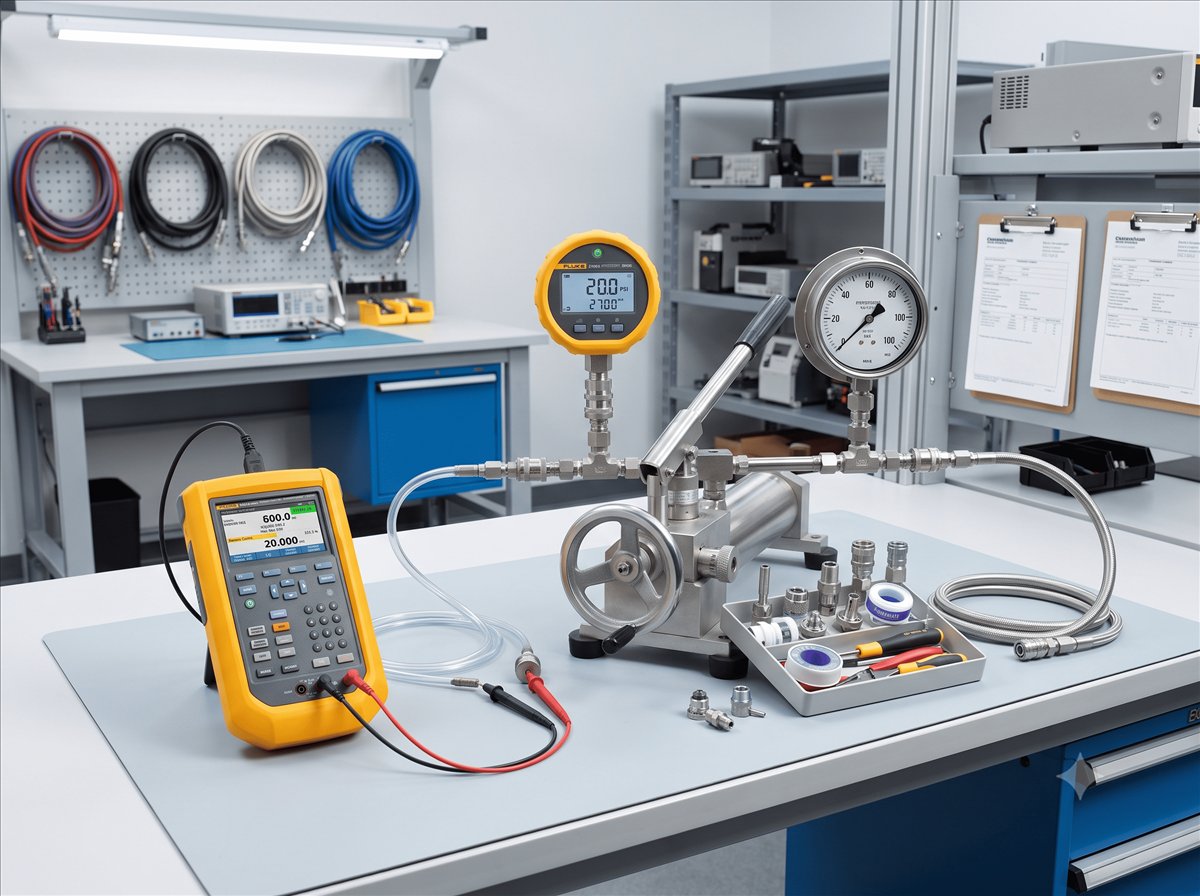Analogue pressure gauges mounted on a dead weight tester