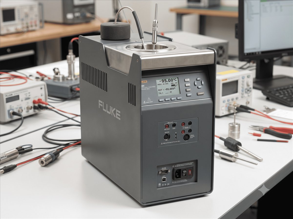 Dry block temperature calibrator with probes inserted in a heated metal block