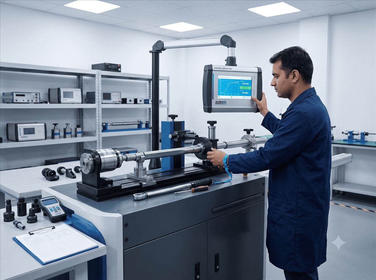 Engineer operating a torque calibration machine